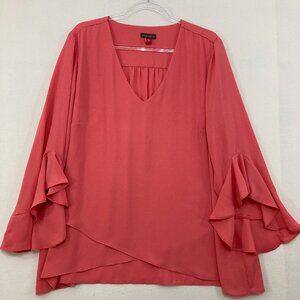 Vince Camuto size 2X Red Coral V Neck Flare Ruffle Sleeve Soft Flowy Blouse